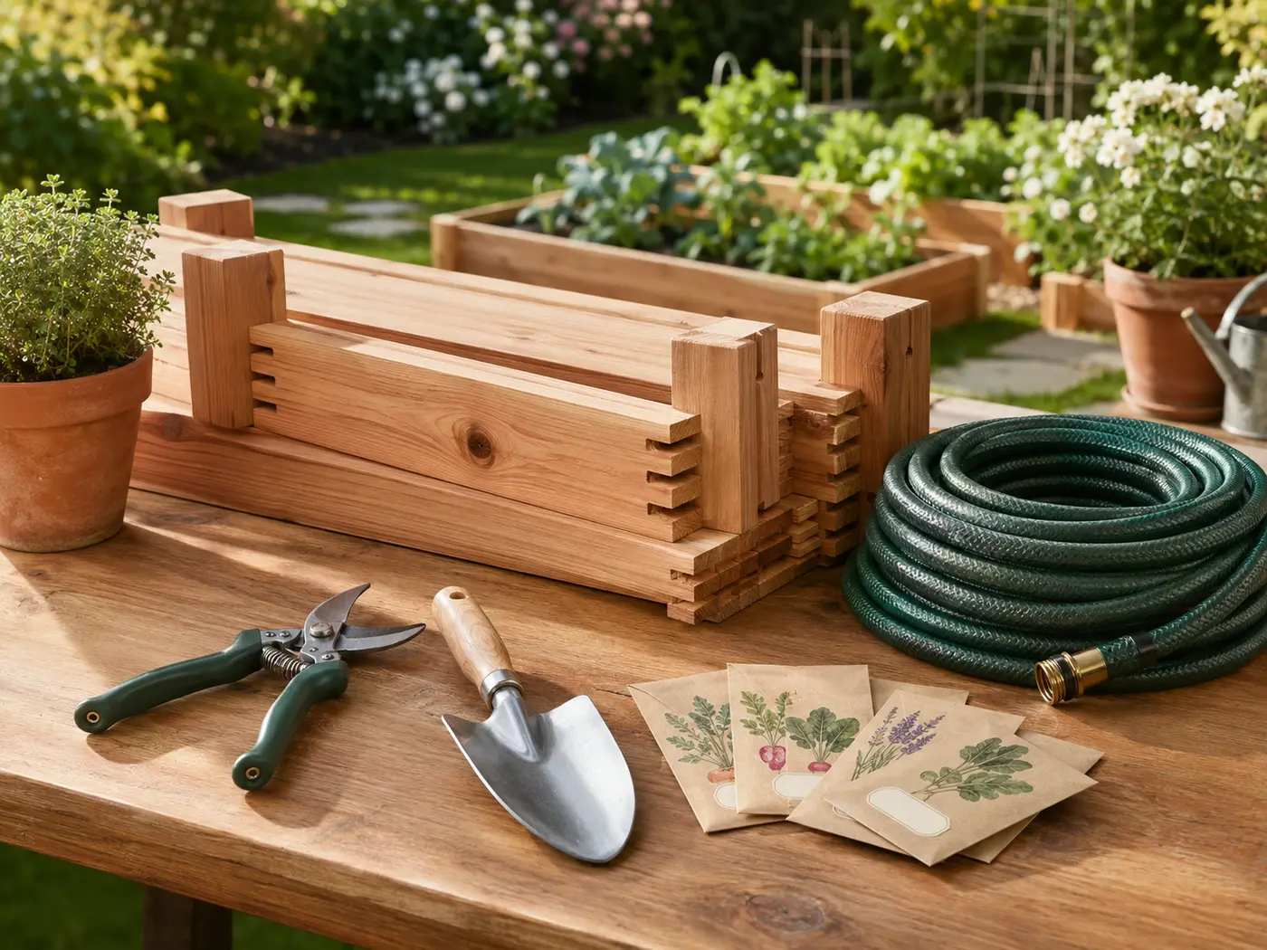 Cedar raised bed pieces, garden hose, hand tools and seed packets