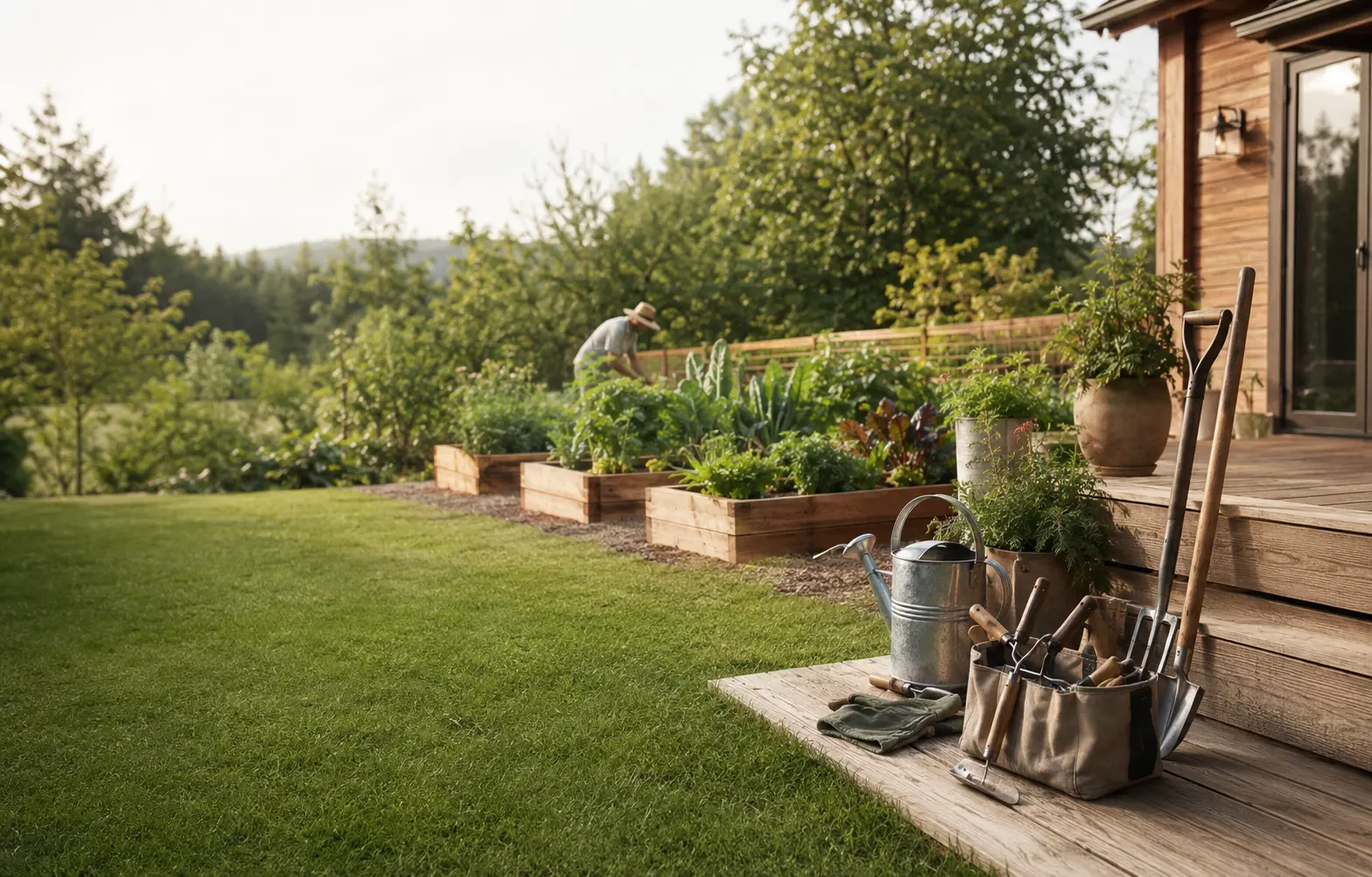 Sunny backyard garden with raised beds and tools beside a cedar home